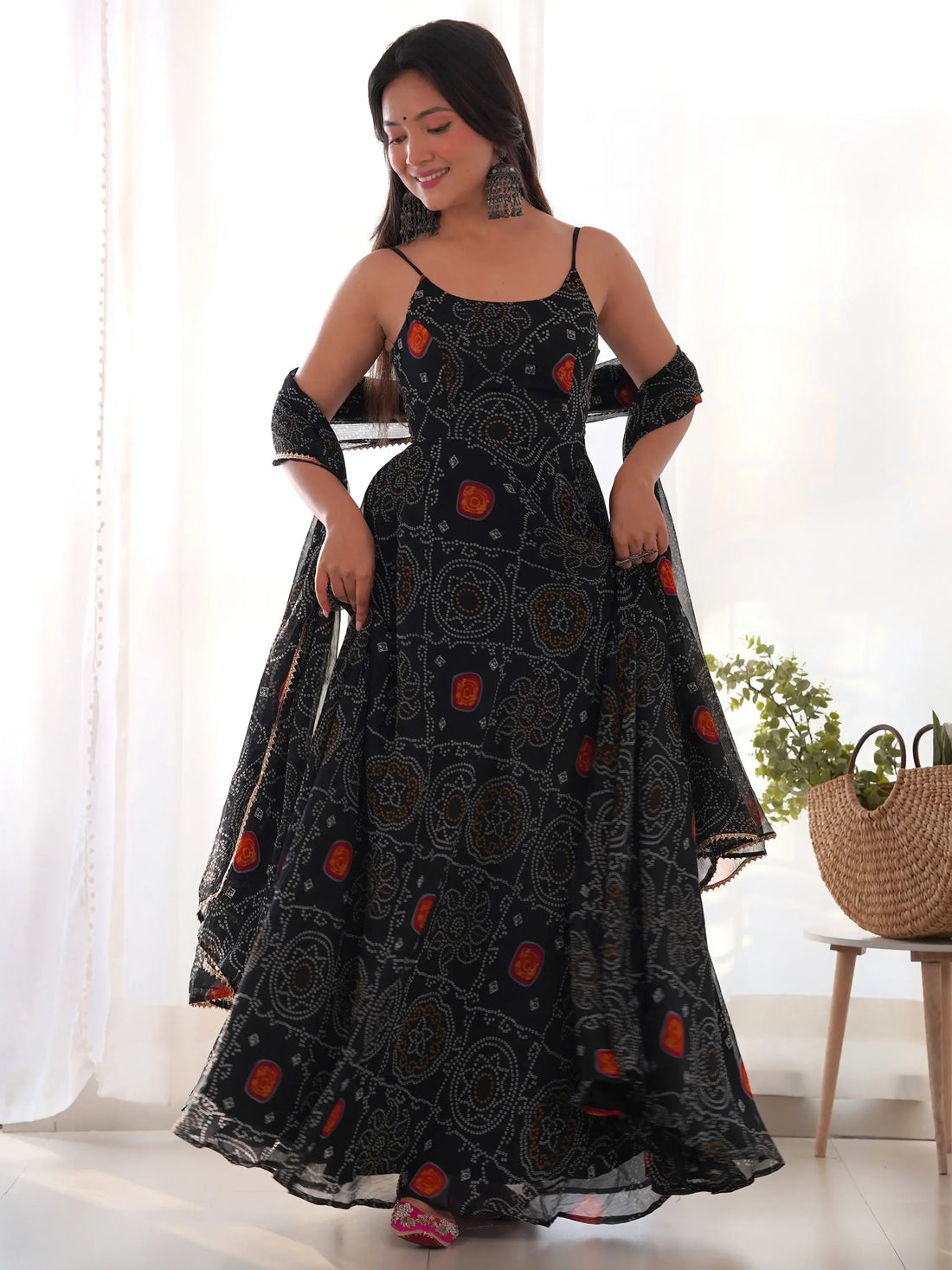 Captivating Black Bandhani Printed Chiffon Gown With Dupatta - Zeel Clothing