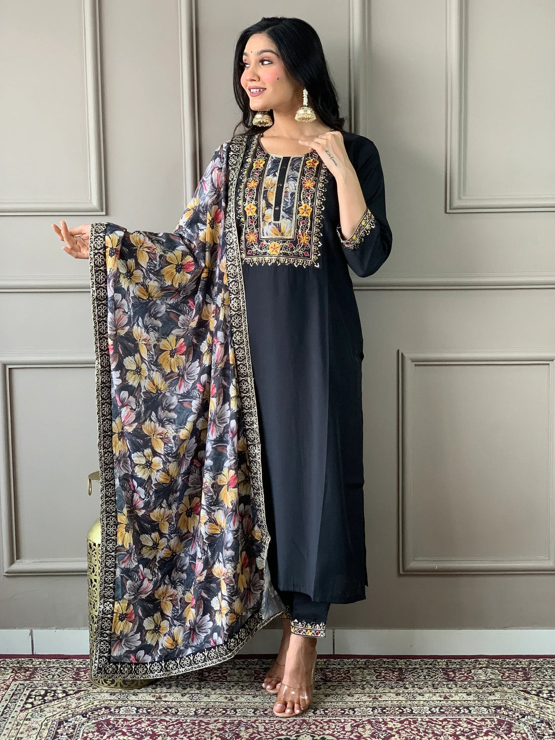 Captivating Black Embroidered Chanderi Silk Traditional Pant Suit - Zeel Clothing