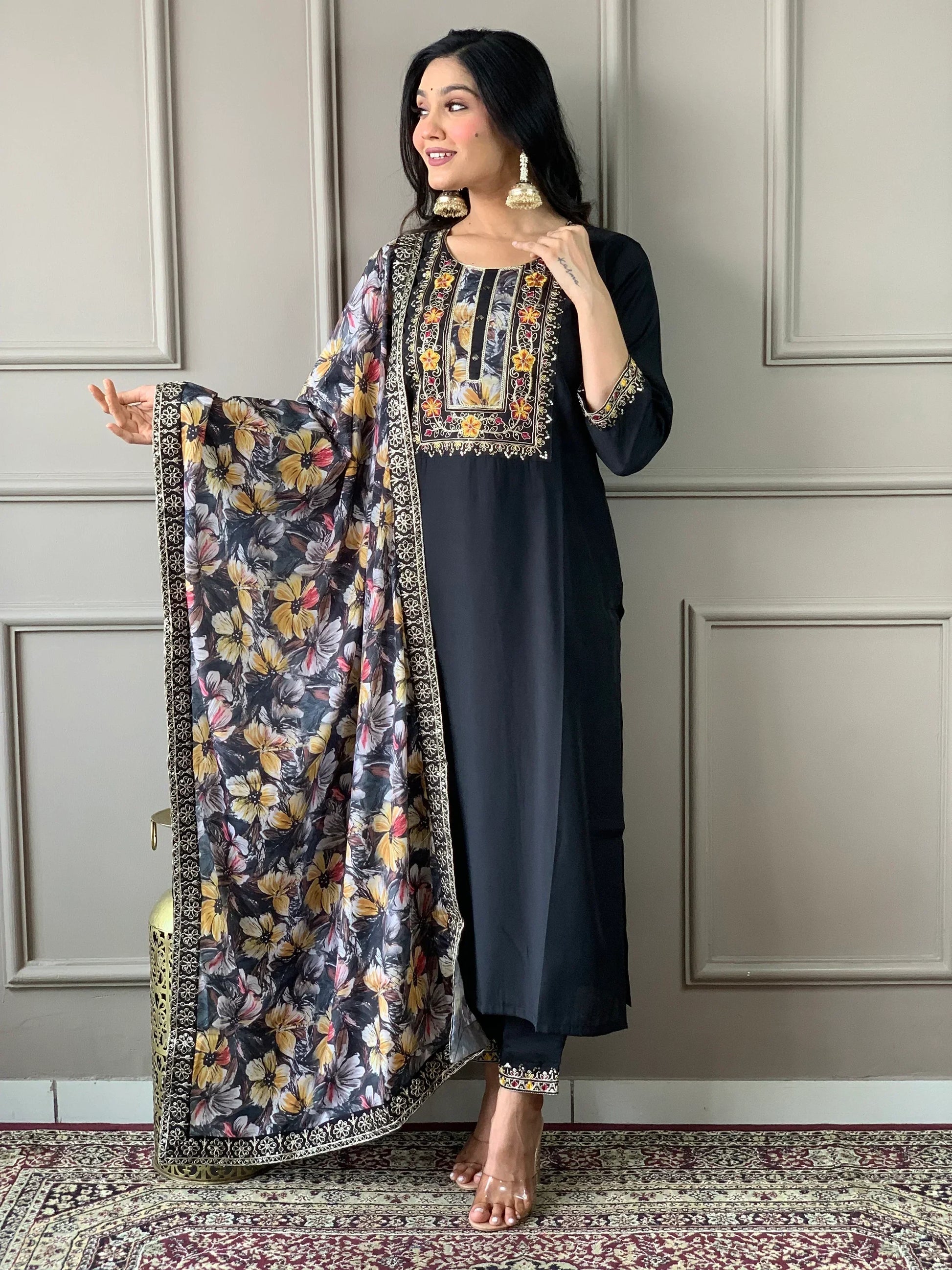 Captivating Black Embroidered Chanderi Silk Traditional Pant Suit - Zeel Clothing