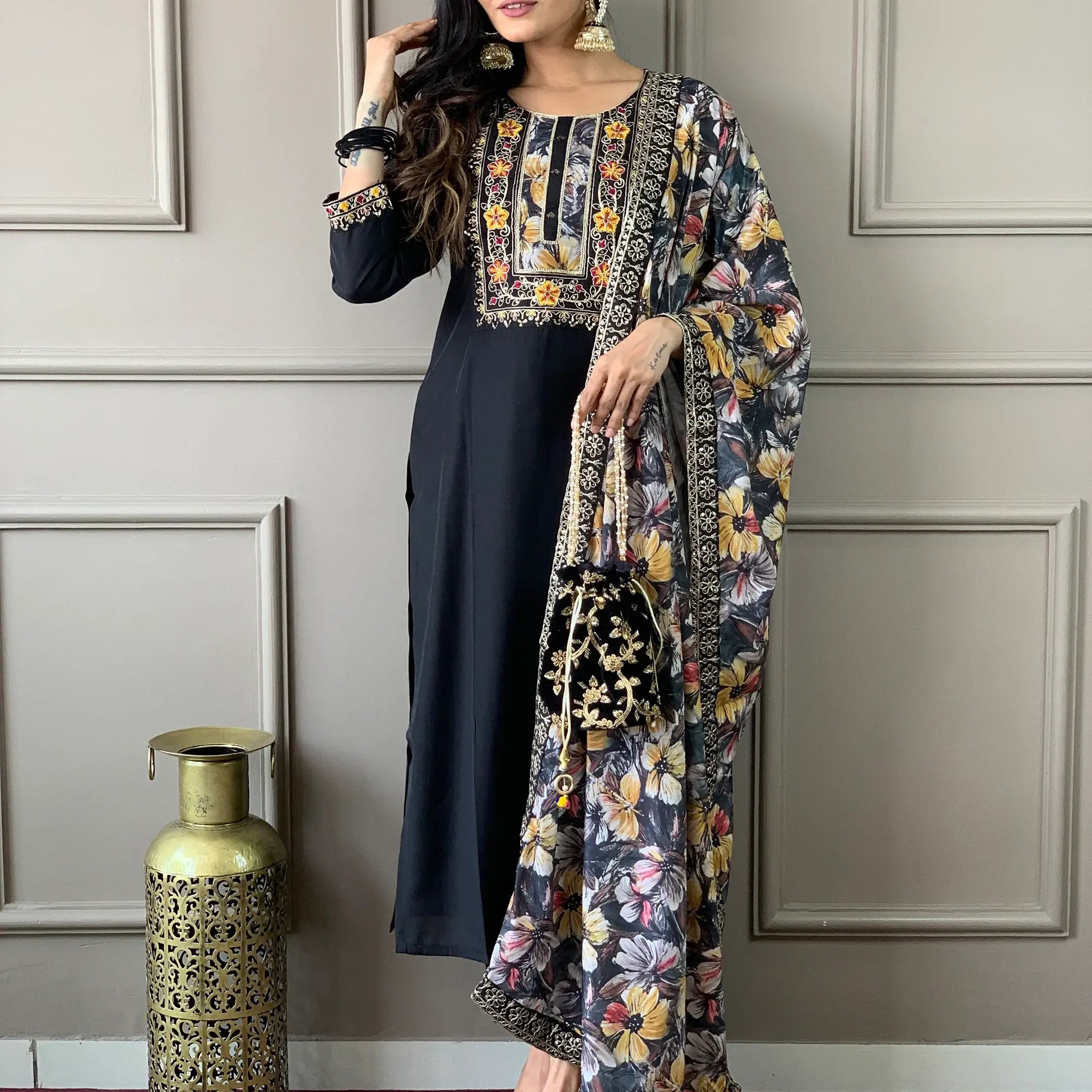Captivating Black Embroidered Chanderi Silk Traditional Pant Suit - Zeel Clothing