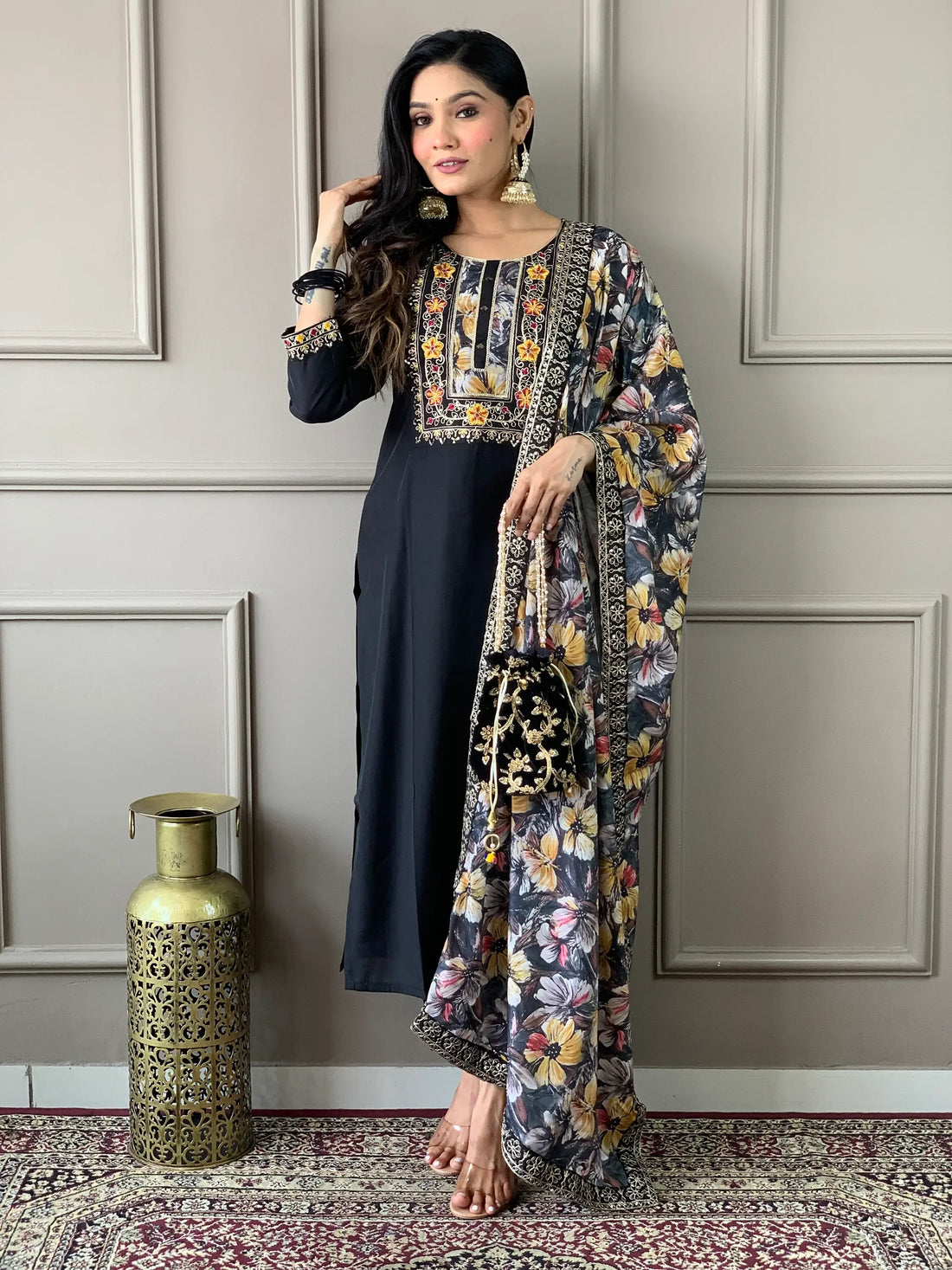 Captivating Black Embroidered Chanderi Silk Traditional Pant Suit - Zeel Clothing