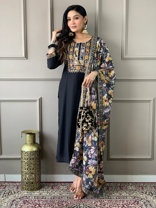Captivating Black Embroidered Chanderi Silk Traditional Pant Suit - Zeel Clothing