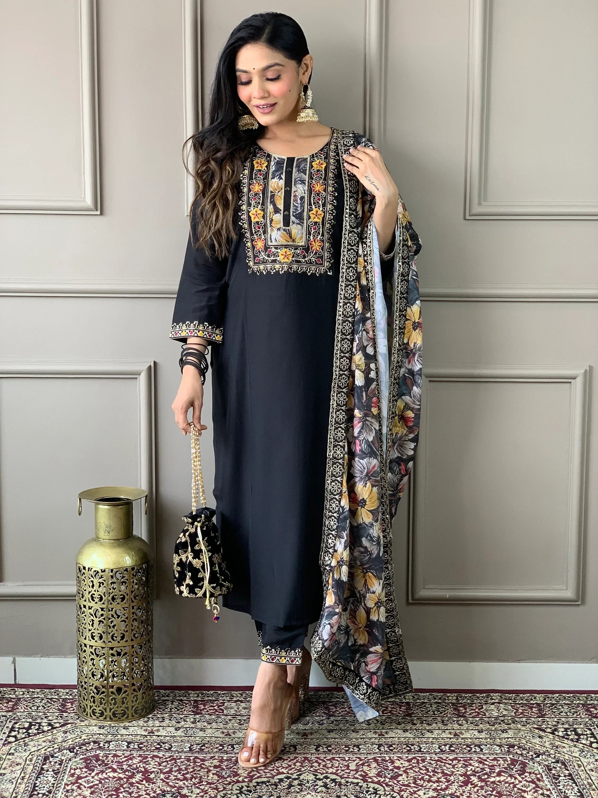 Captivating Black Embroidered Chanderi Silk Traditional Pant Suit - Zeel Clothing