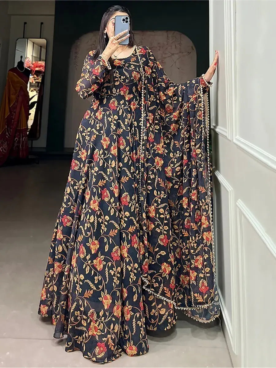 Captivating Black Floral Printed Georgette Gown With Dupatta - Zeel Clothing