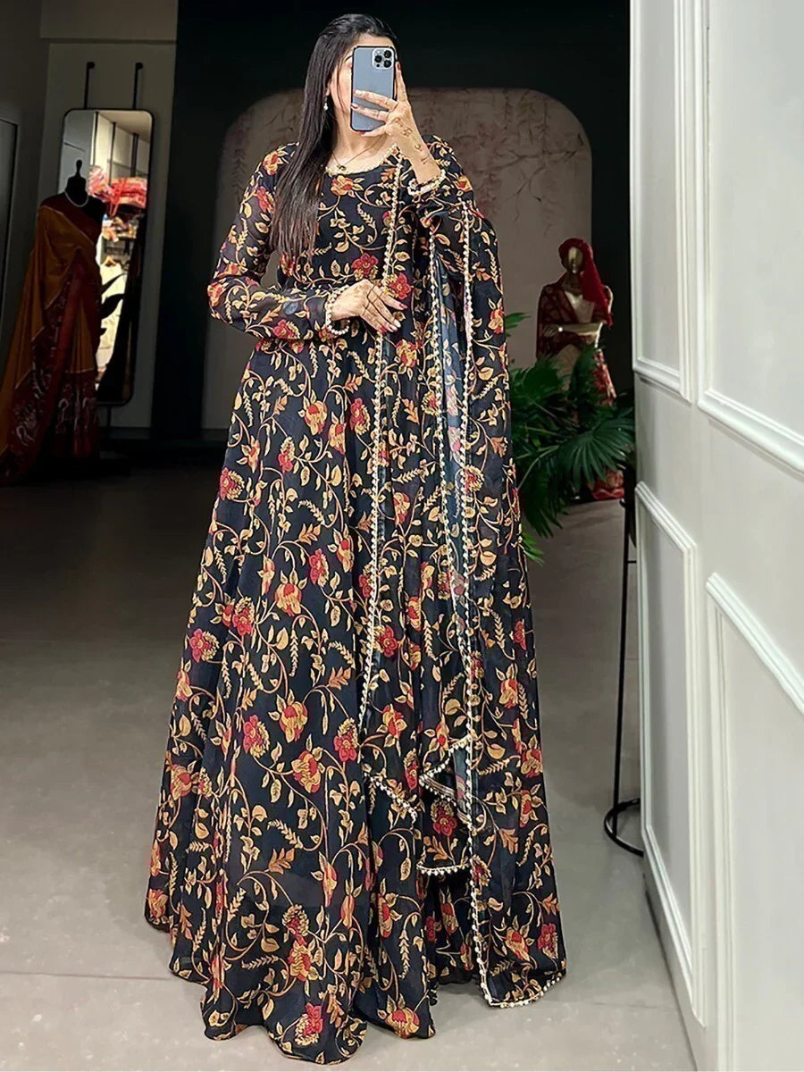 Captivating Black Floral Printed Georgette Gown With Dupatta