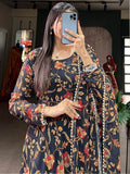 Captivating Black Floral Printed Georgette Gown With Dupatta - Zeel Clothing