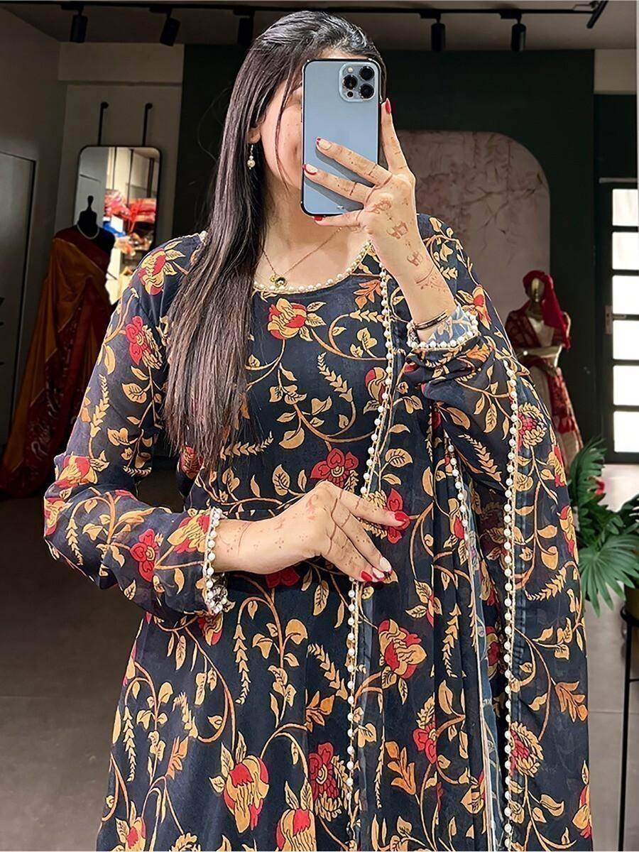 Captivating Black Floral Printed Georgette Gown With Dupatta - Zeel Clothing