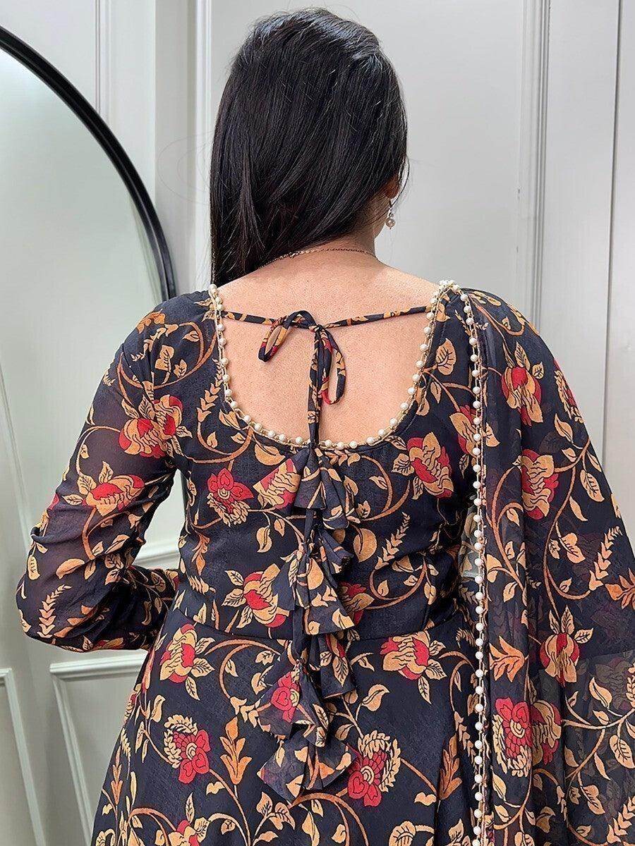 Captivating Black Floral Printed Georgette Gown With Dupatta - Zeel Clothing