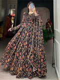 Captivating Black Floral Printed Georgette Gown With Dupatta - Zeel Clothing