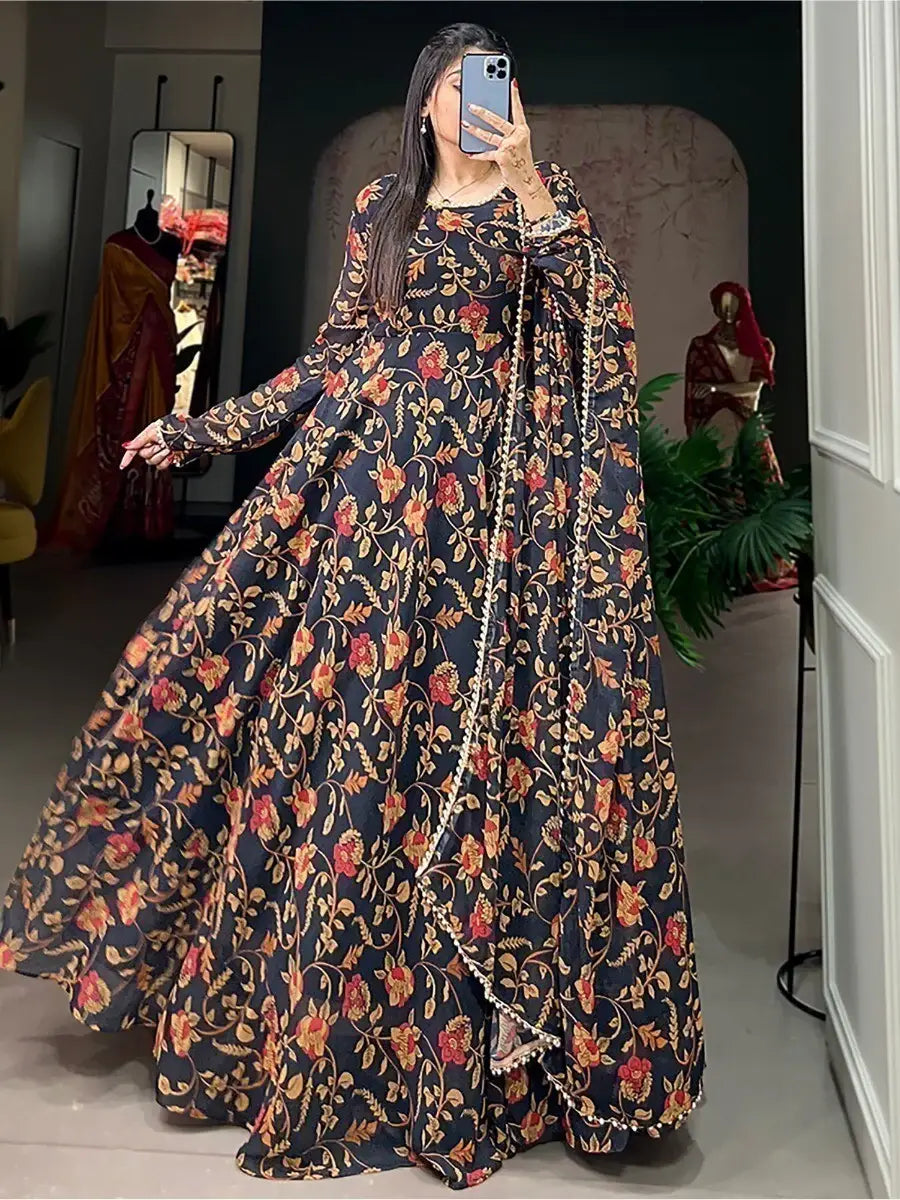 Captivating Black Floral Printed Georgette Gown With Dupatta - Zeel Clothing