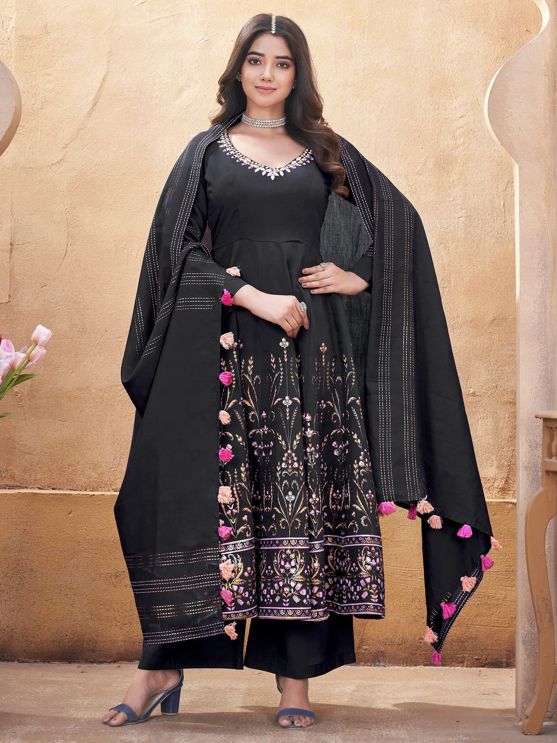 Captivating Black Foil Printed Roman Silk Anarkali Suit With Dupatta - Zeel Clothing