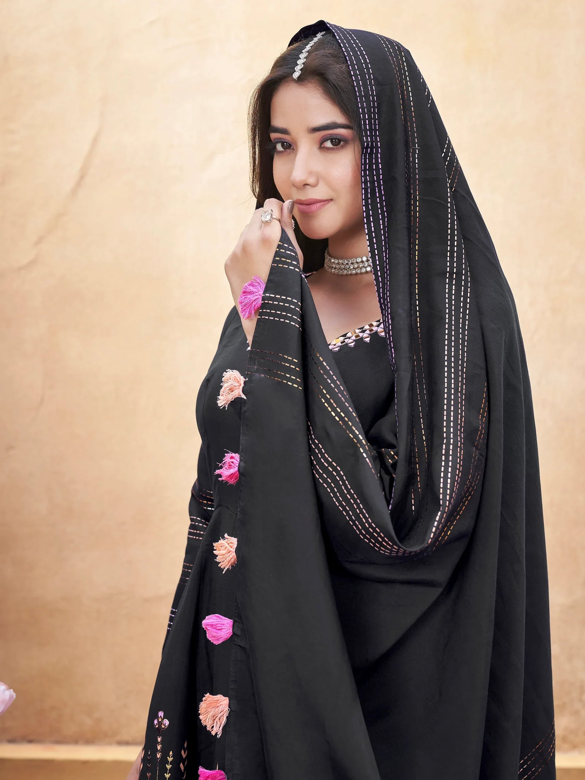 Captivating Black Foil Printed Roman Silk Anarkali Suit With Dupatta - Zeel Clothing