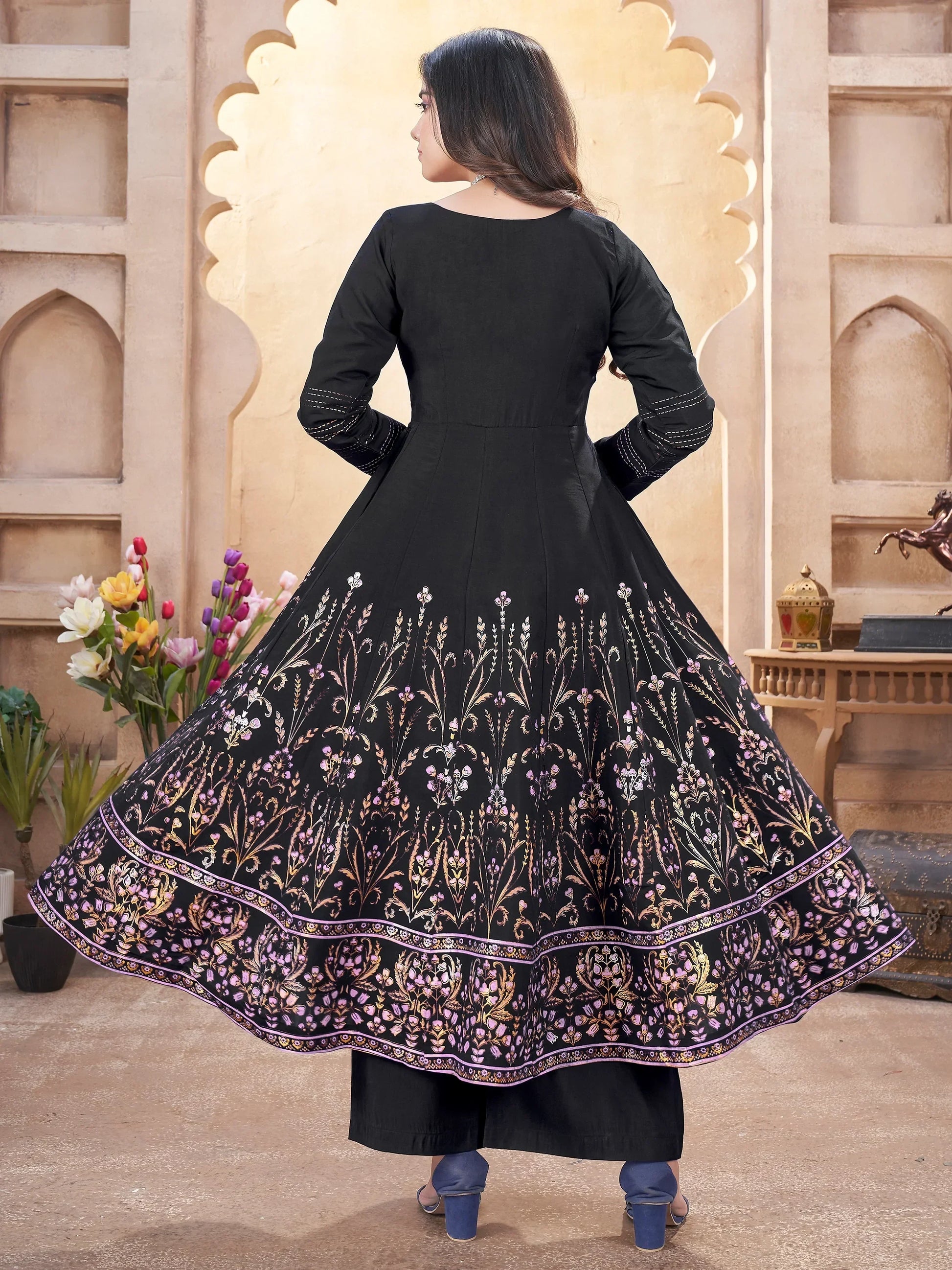 Captivating Black Foil Printed Roman Silk Anarkali Suit With Dupatta - Zeel Clothing