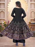 Captivating Black Foil Printed Roman Silk Anarkali Suit With Dupatta - Zeel Clothing