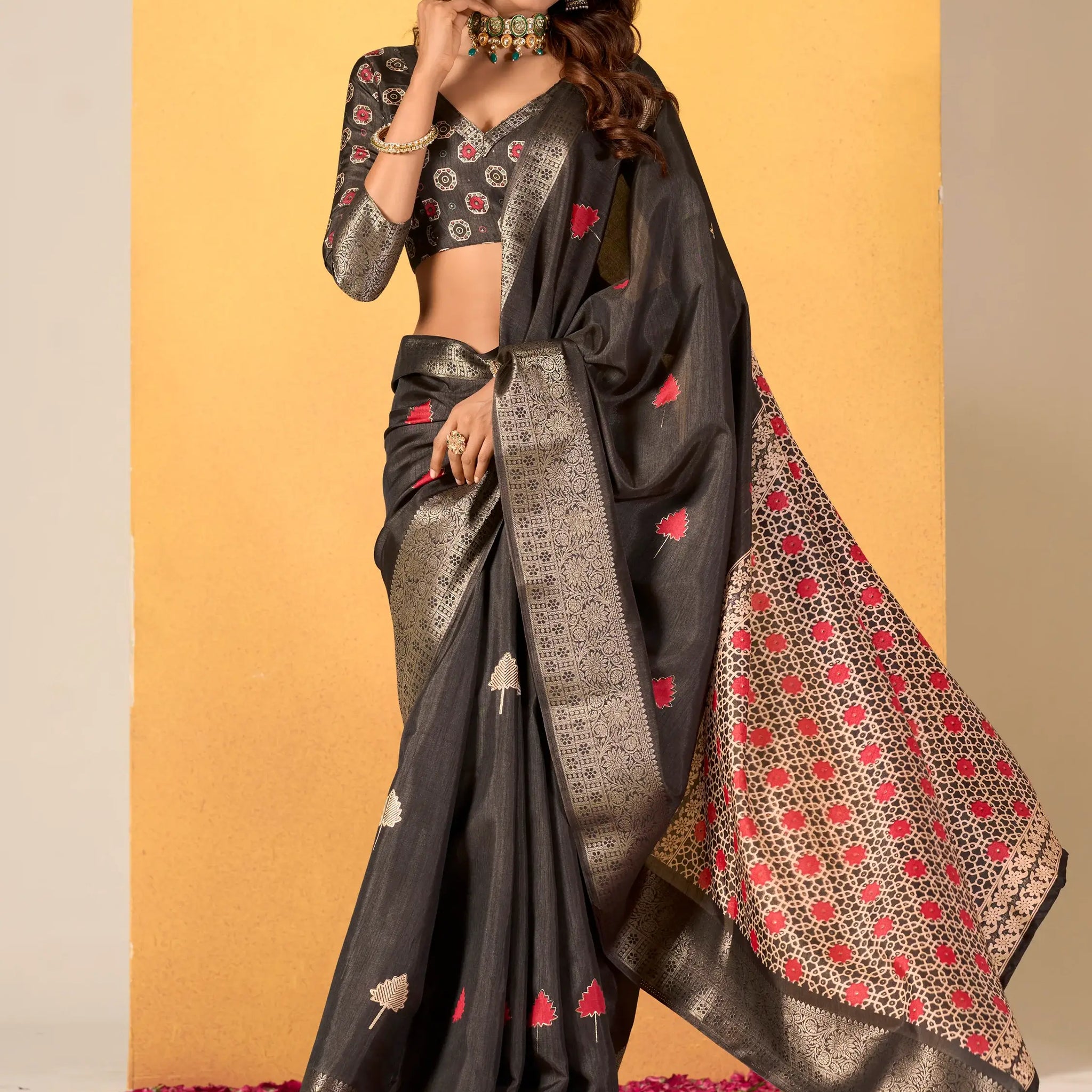 Captivating Black Foil Printed Silk Event Wear Saree With Blouse - Zeel Clothing