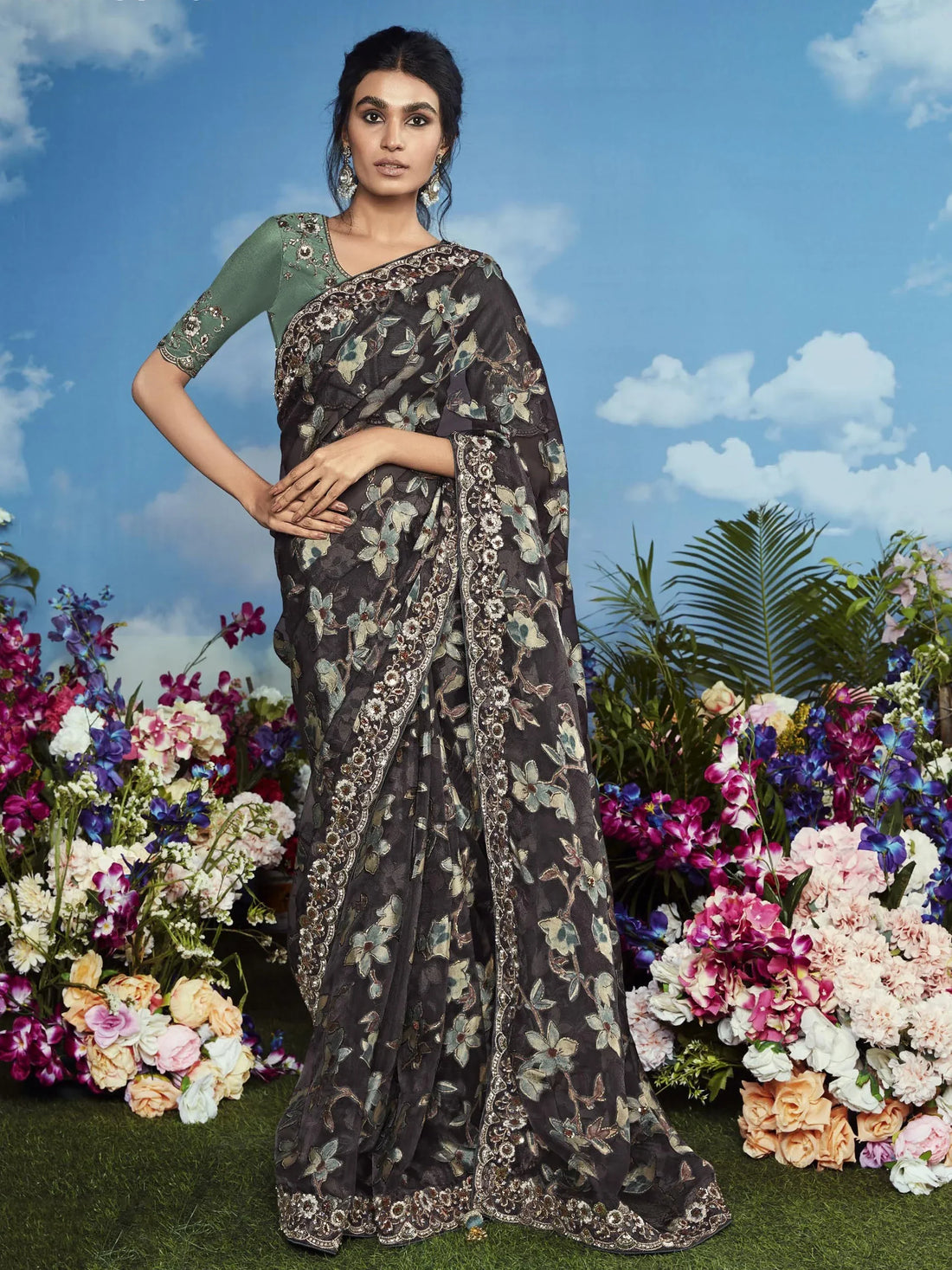 Captivating Black Lace Work Brasso Event Wear Saree With Blouse - Zeel Clothing