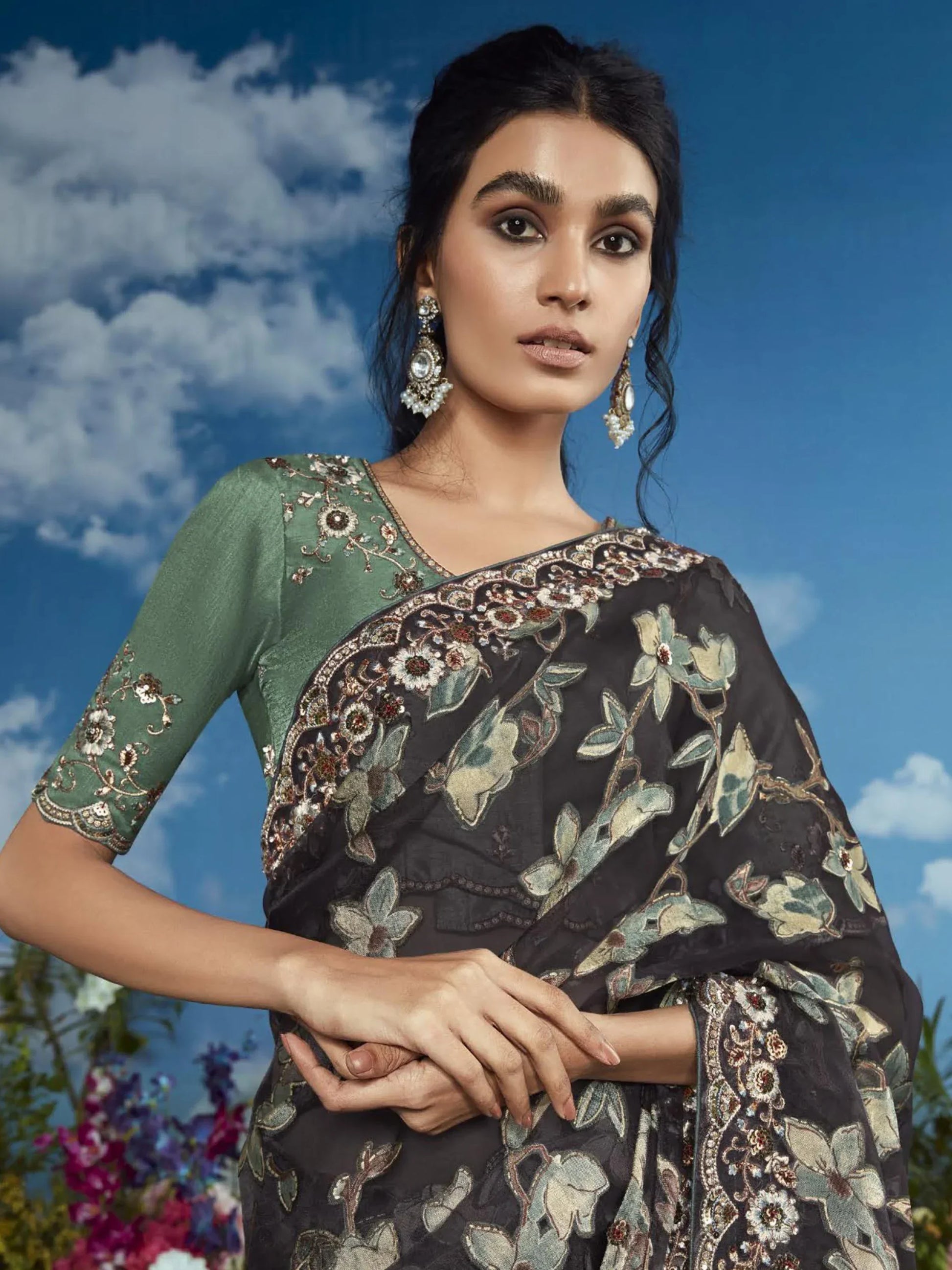 Captivating Black Lace Work Brasso Event Wear Saree With Blouse - Zeel Clothing
