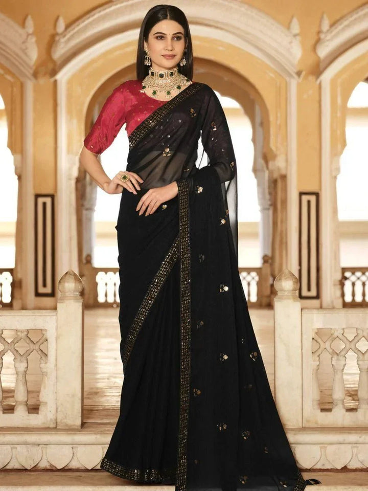 Captivating Black Sequins Chinon Event Wear Saree With Blouse