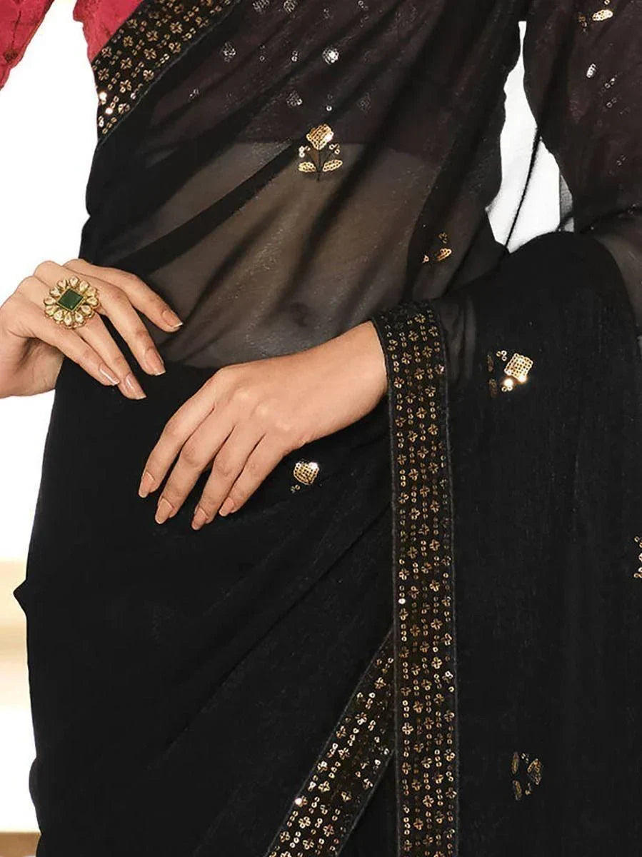 Captivating Black Sequins Chinon Event Wear Saree With Blouse