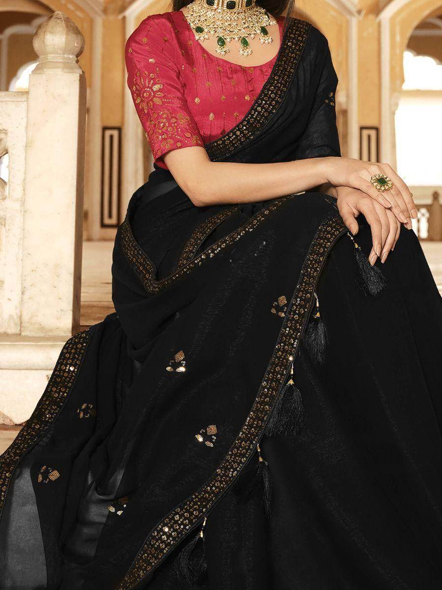 Captivating Black Sequins Chinon Event Wear Saree With Blouse - Zeel Clothing