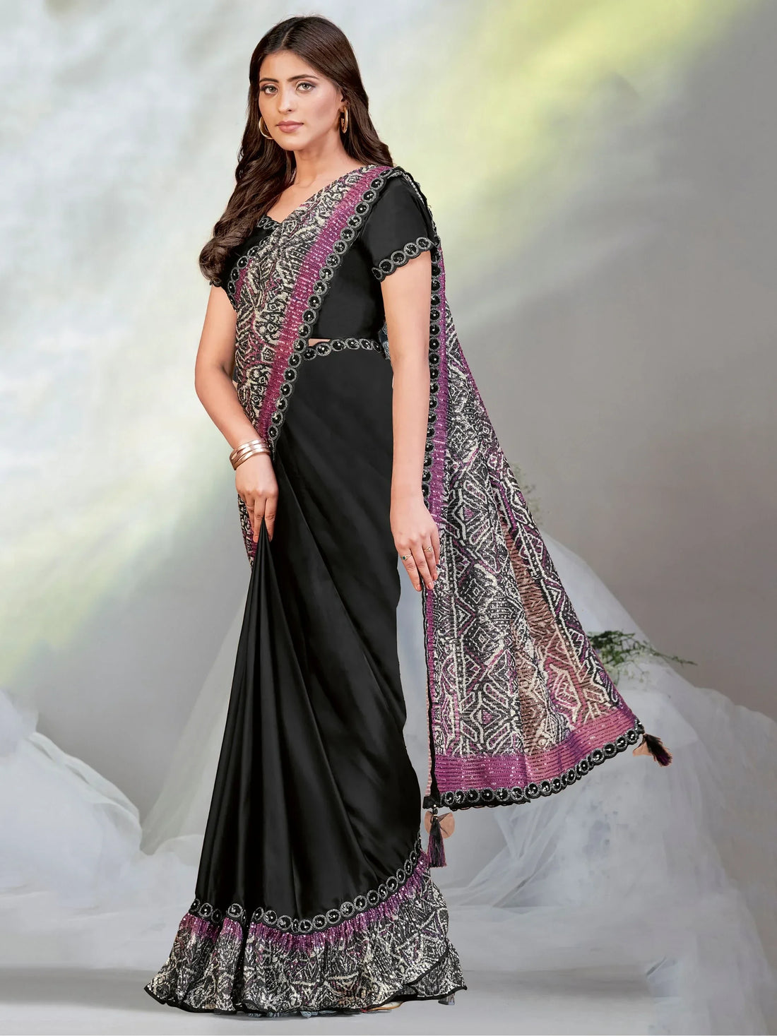 Captivating Black Sequins Satin Pre-Stitched Saree With Blouse - Zeel Clothing