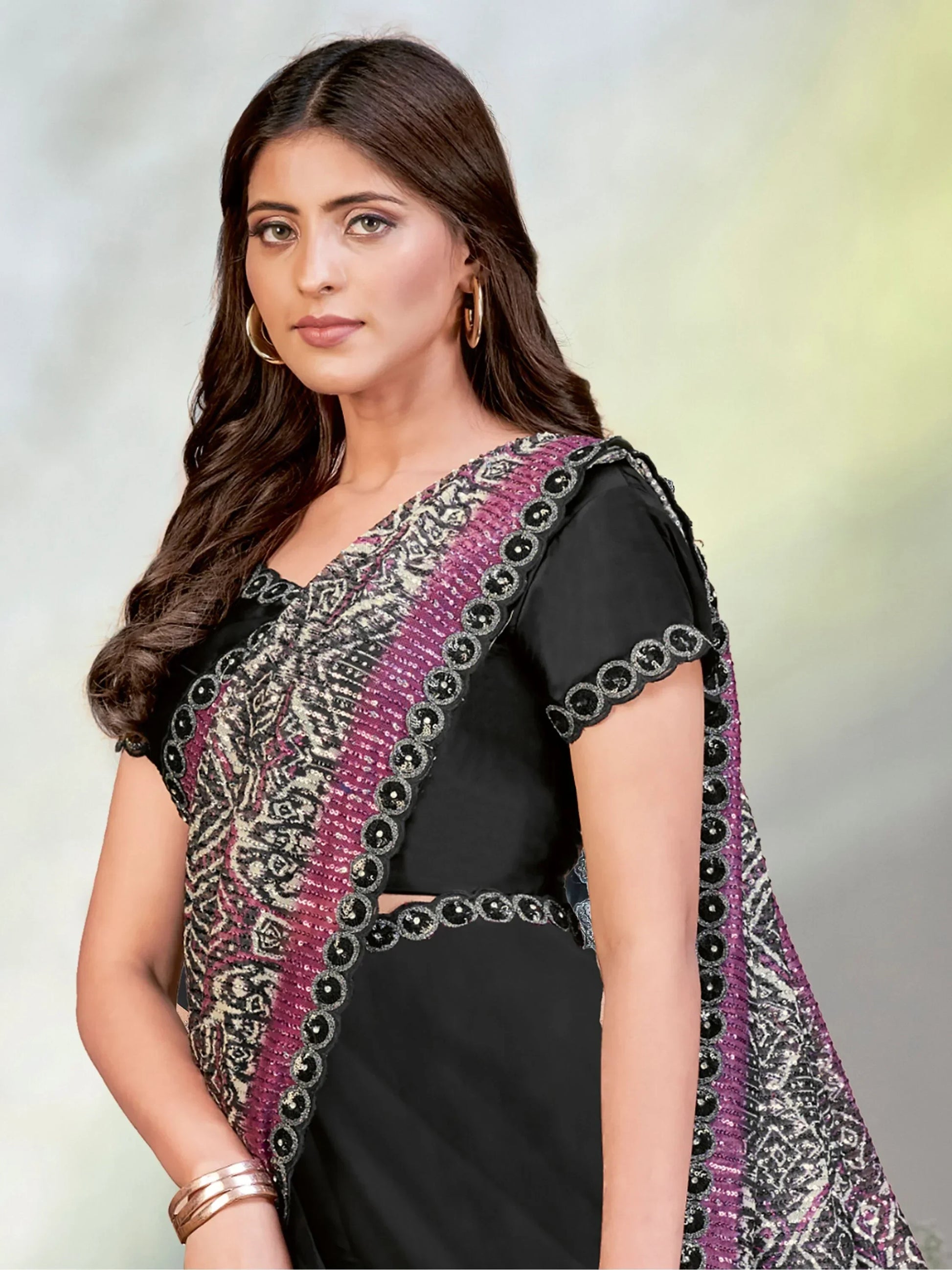Captivating Black Sequins Satin Pre-Stitched Saree With Blouse - Zeel Clothing
