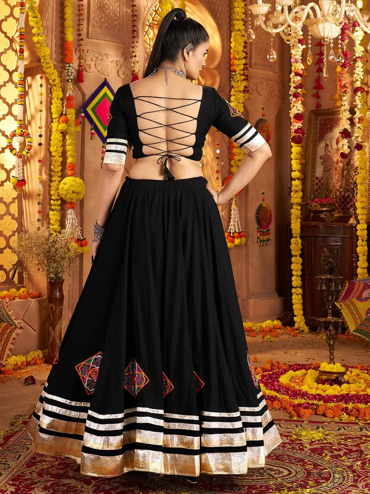 Captivating Black Thread Work Rayon Navratri Wear Lehenga Choli With Dupatta - Zeel Clothing