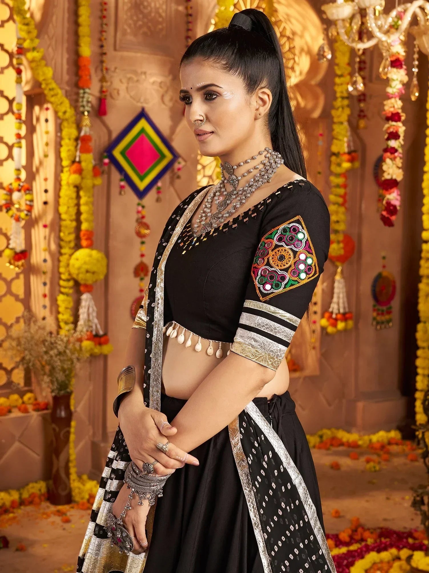Captivating Black Thread Work Rayon Navratri Wear Lehenga Choli With Dupatta - Zeel Clothing