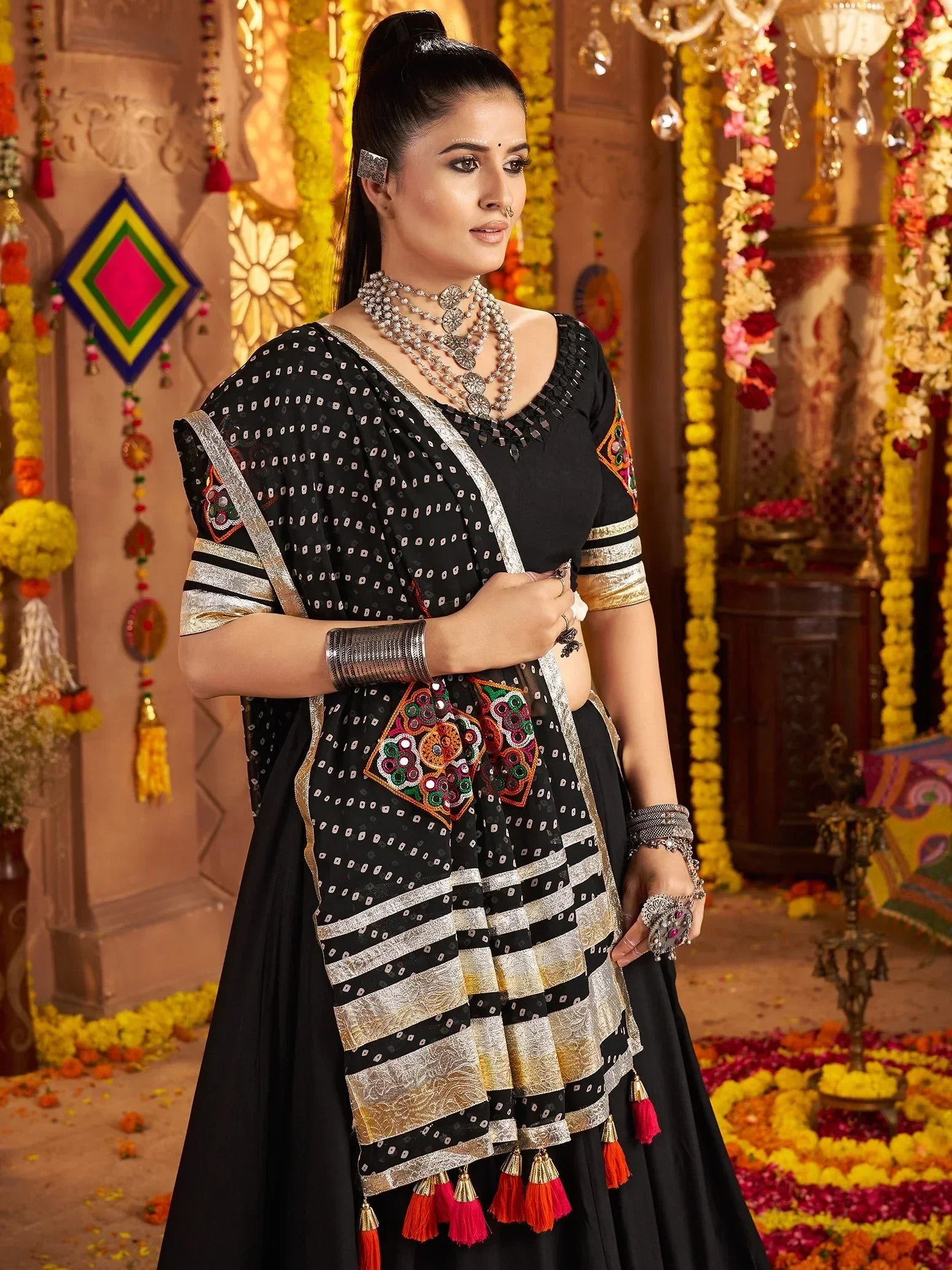 Captivating Black Thread Work Rayon Navratri Wear Lehenga Choli With Dupatta - Zeel Clothing