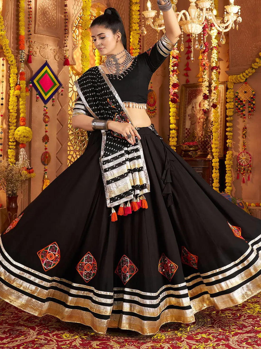 Captivating Black Thread Work Rayon Navratri Wear Lehenga Choli With Dupatta - Zeel Clothing