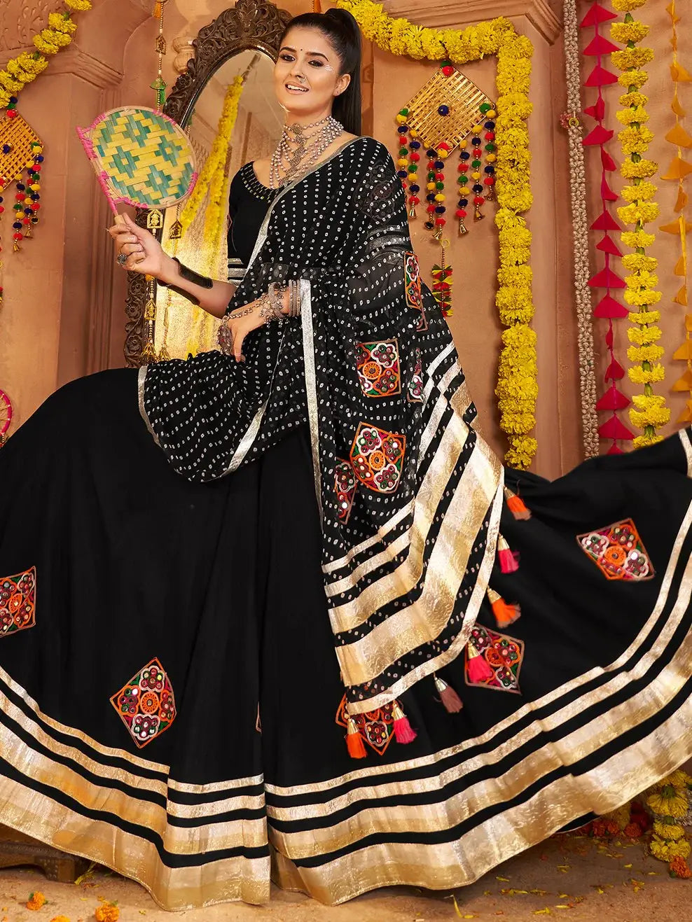 Captivating Black Thread Work Rayon Navratri Wear Lehenga Choli With Dupatta - Zeel Clothing