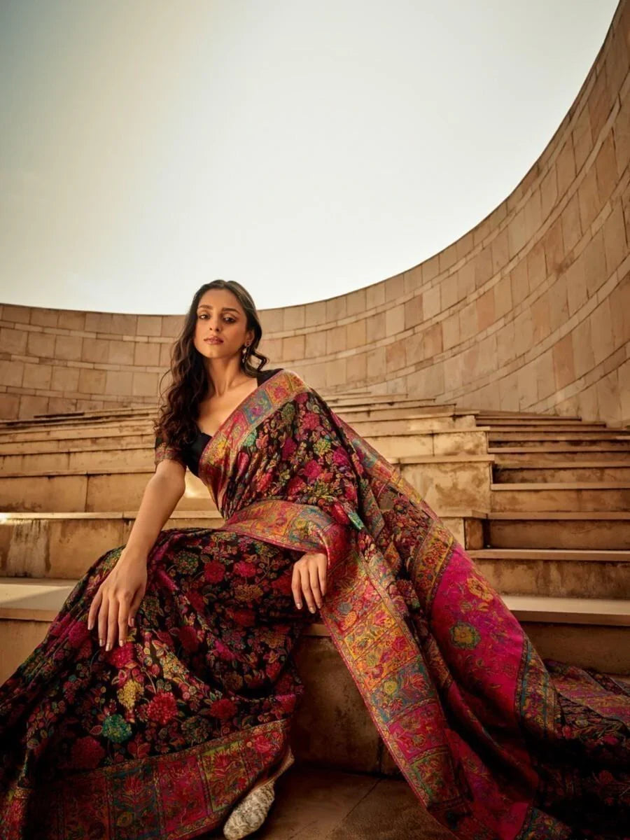 Captivating Black Zari Woven Silk Festive Wear Saree With Blouse