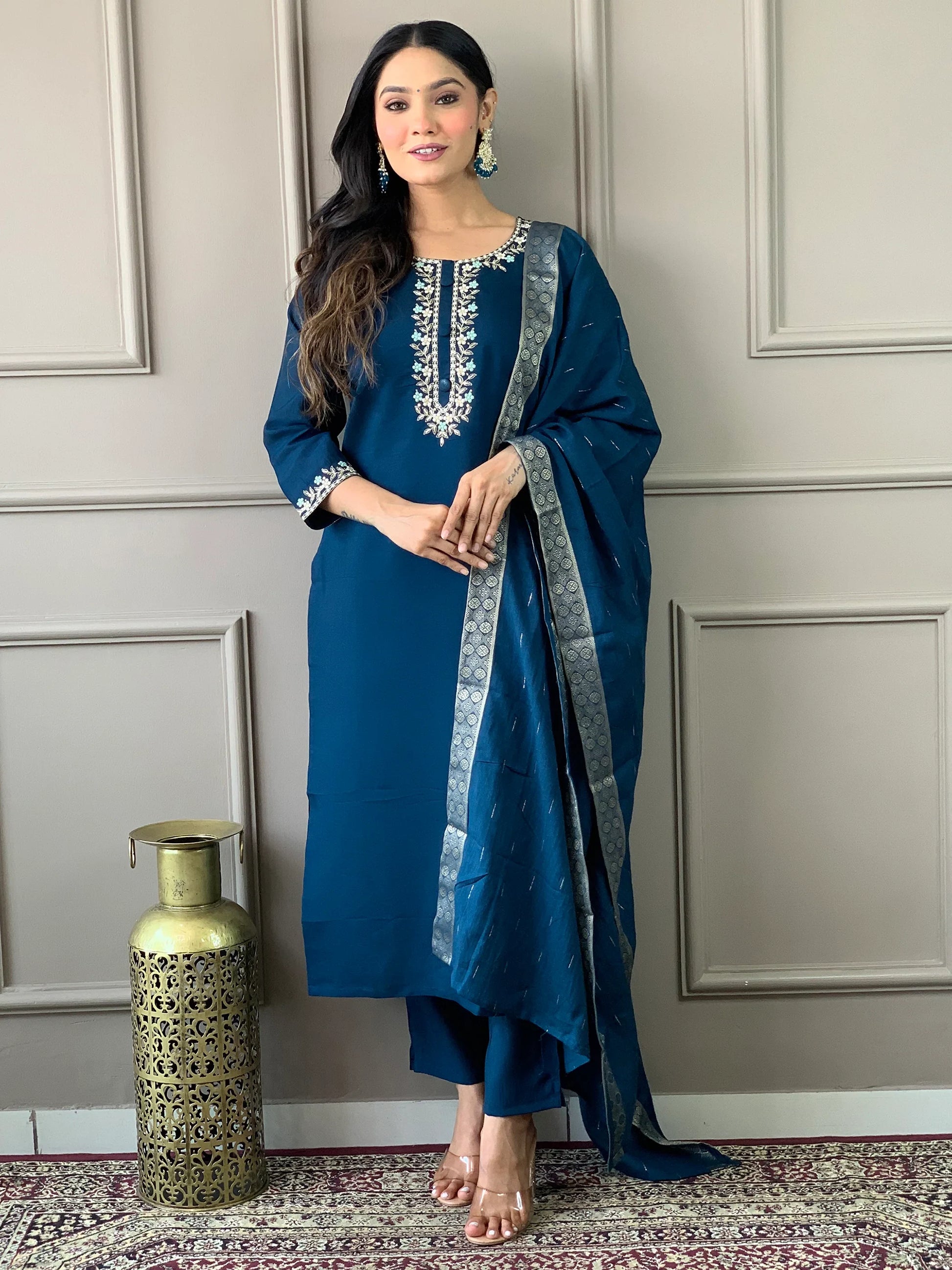 Captivating Blue Embroidered Chanderi Silk Festival Wear Pant Suit - Zeel Clothing