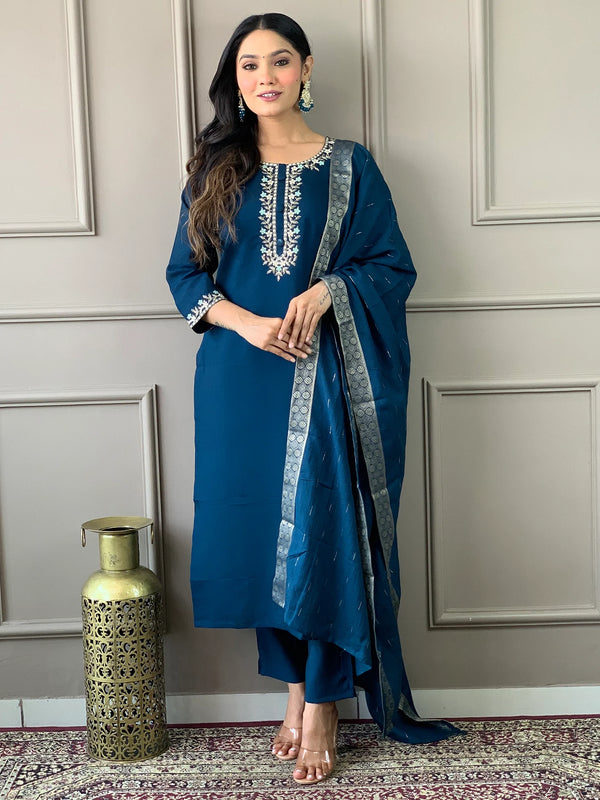 Captivating Blue Embroidered Chanderi Silk Festival Wear Pant Suit - Zeel Clothing