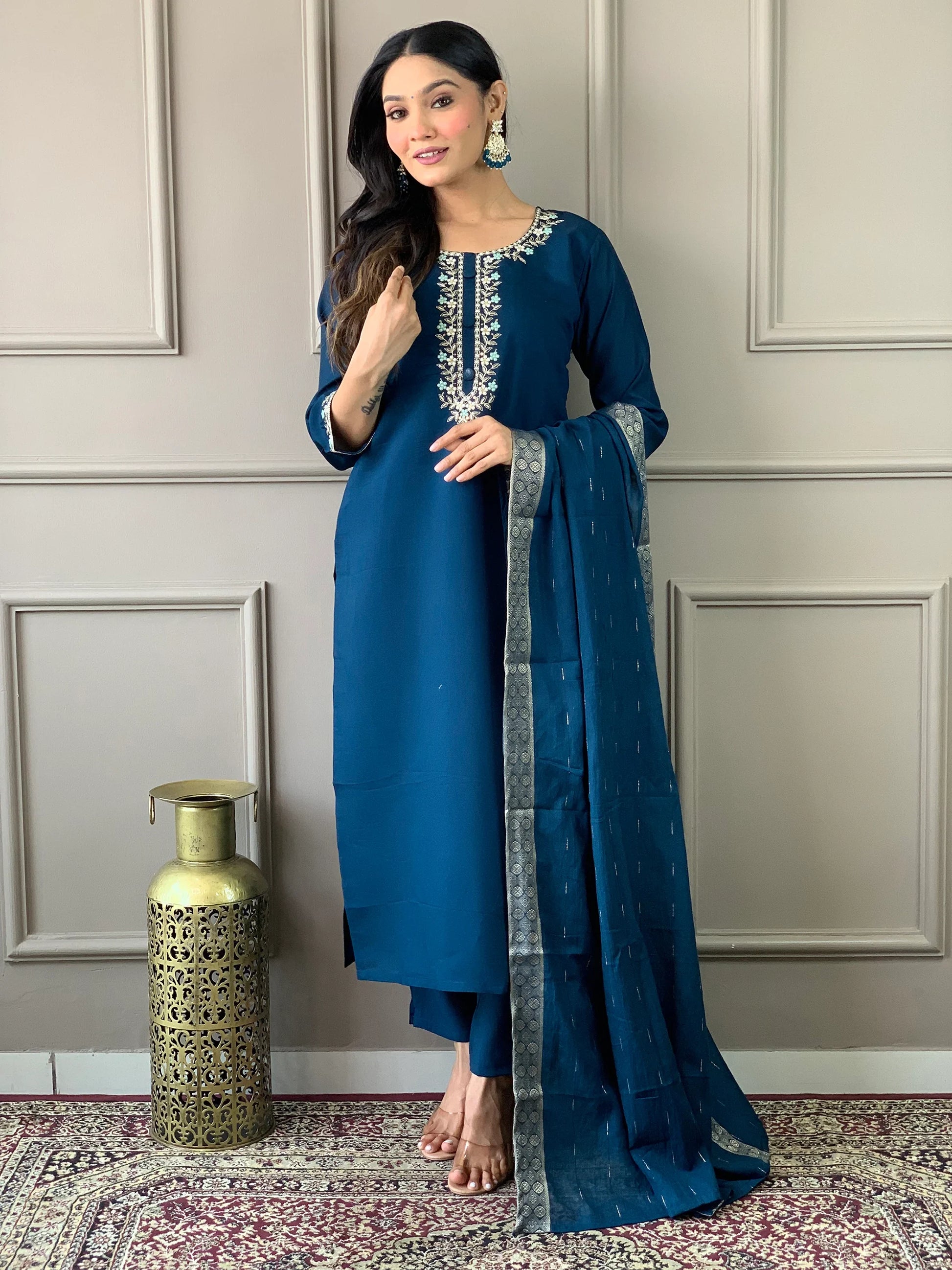 Captivating Blue Embroidered Chanderi Silk Festival Wear Pant Suit - Zeel Clothing