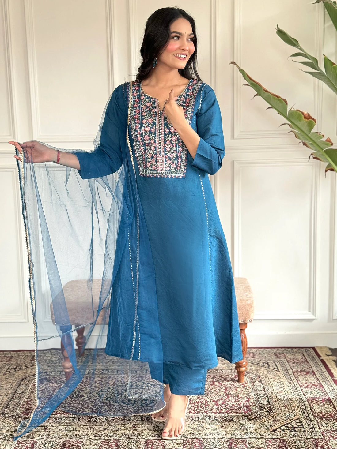 Captivating Blue Embroidered Chanderi Silk Readymade Pant Suit - Zeel Clothing