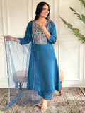 Captivating Blue Embroidered Chanderi Silk Readymade Pant Suit - Zeel Clothing