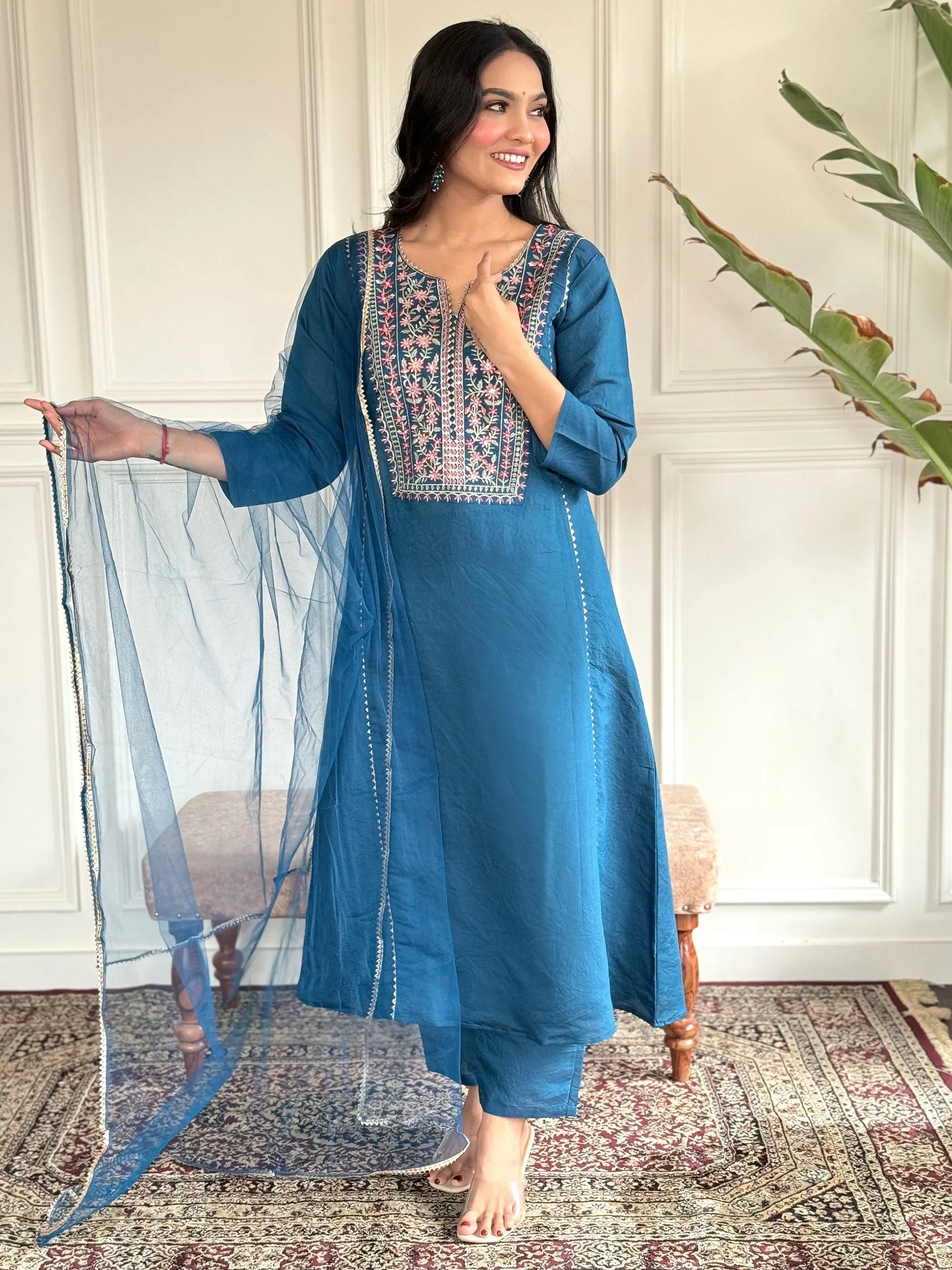 Captivating Blue Embroidered Chanderi Silk Readymade Pant Suit - Zeel Clothing