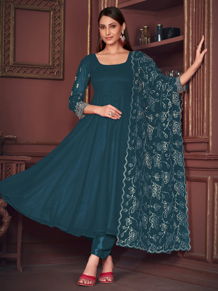 Captivating Blue Embroidered Georgette Anarkali Suit With Dupatta - Zeel Clothing