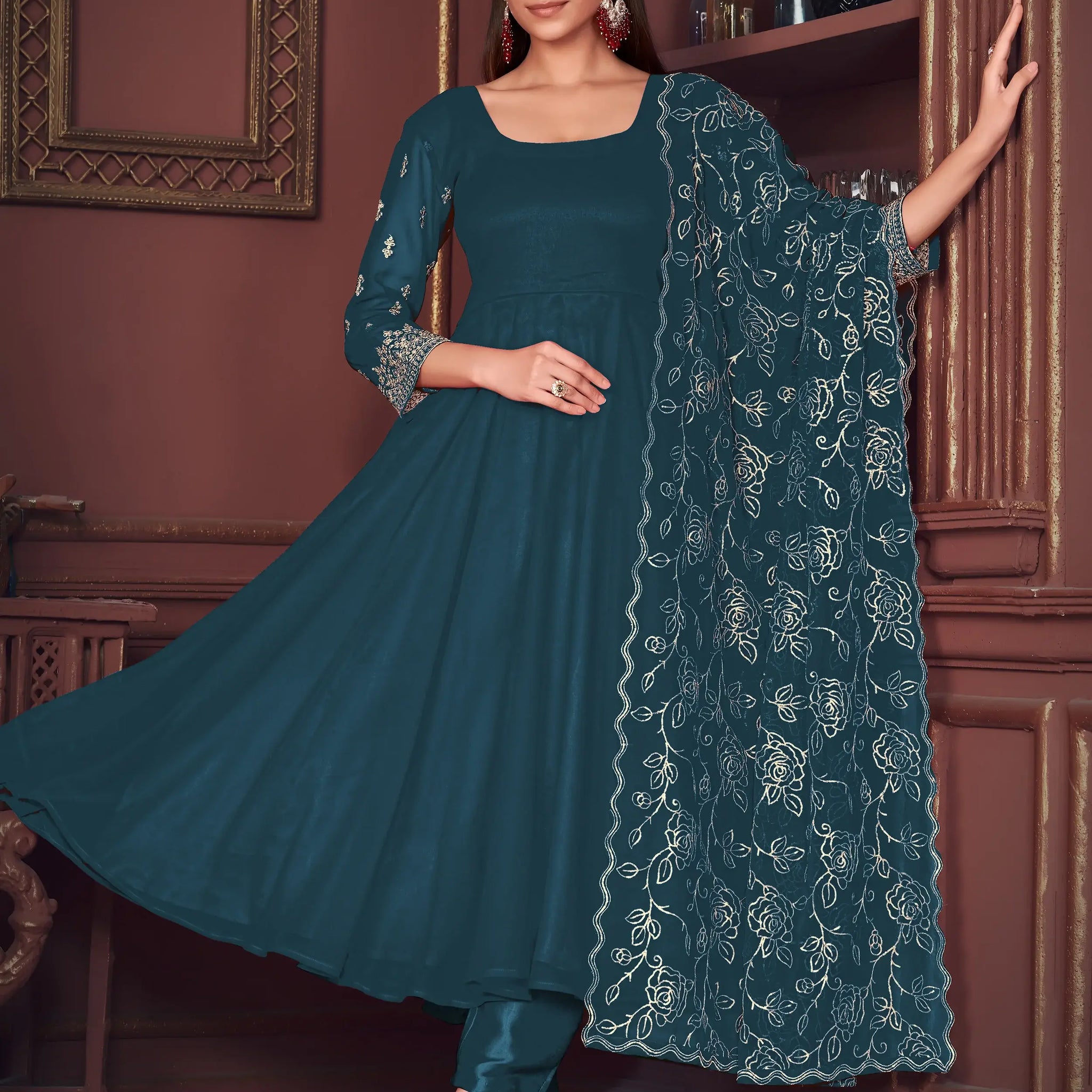 Captivating Blue Embroidered Georgette Anarkali Suit With Dupatta - Zeel Clothing