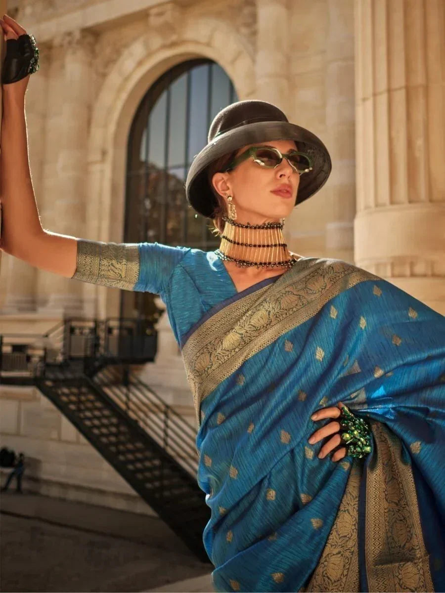 Captivating Blue Zari Weaving Silk Festive Wear Saree With Blouse