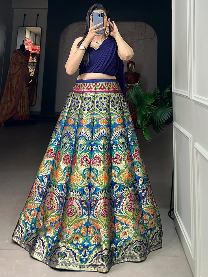 Captivating Blue Zari Weaving Silk Indo-Western Crop Top Lehenga