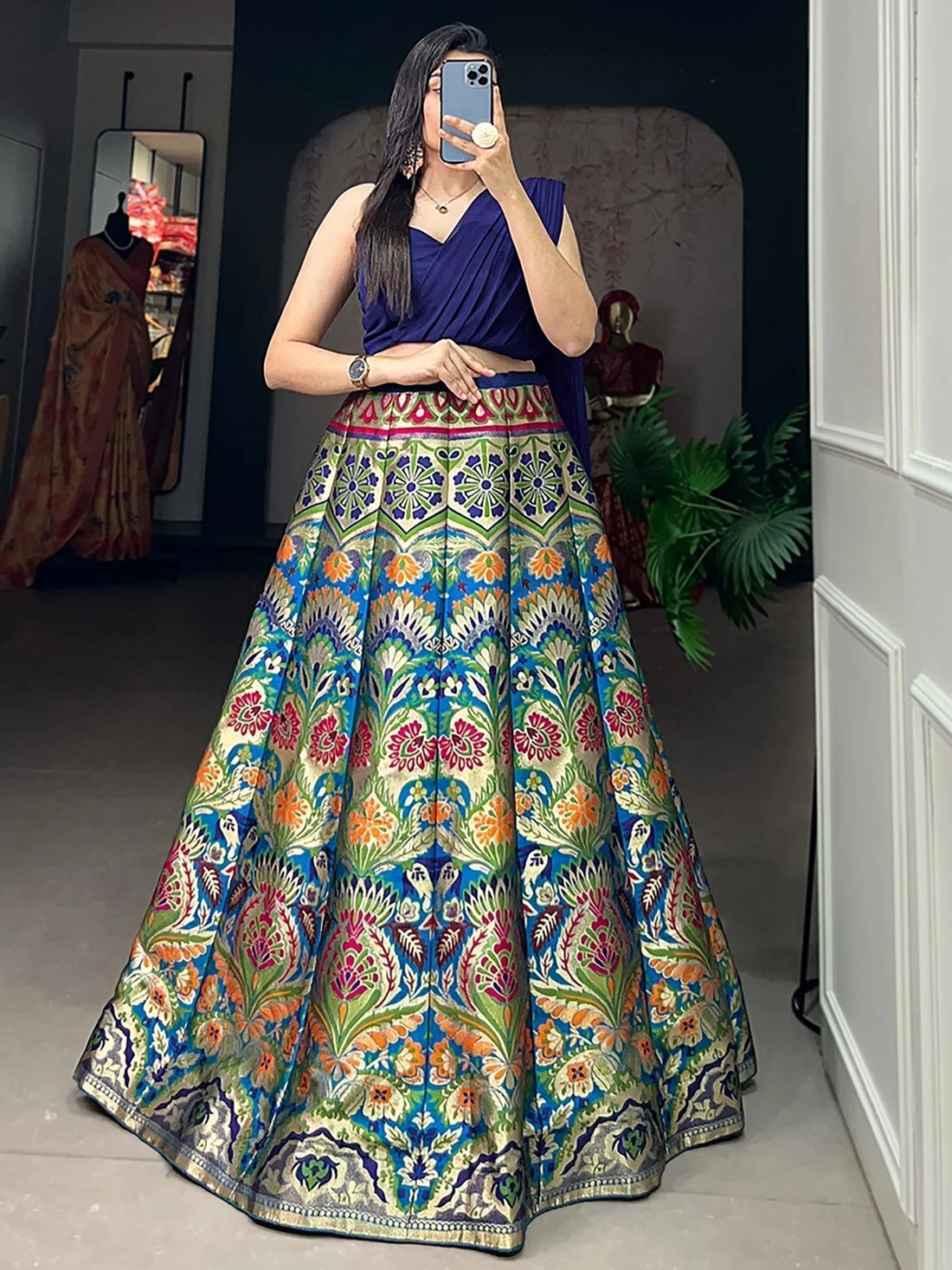 Captivating Blue Zari Weaving Silk Indo-Western Crop Top Lehenga