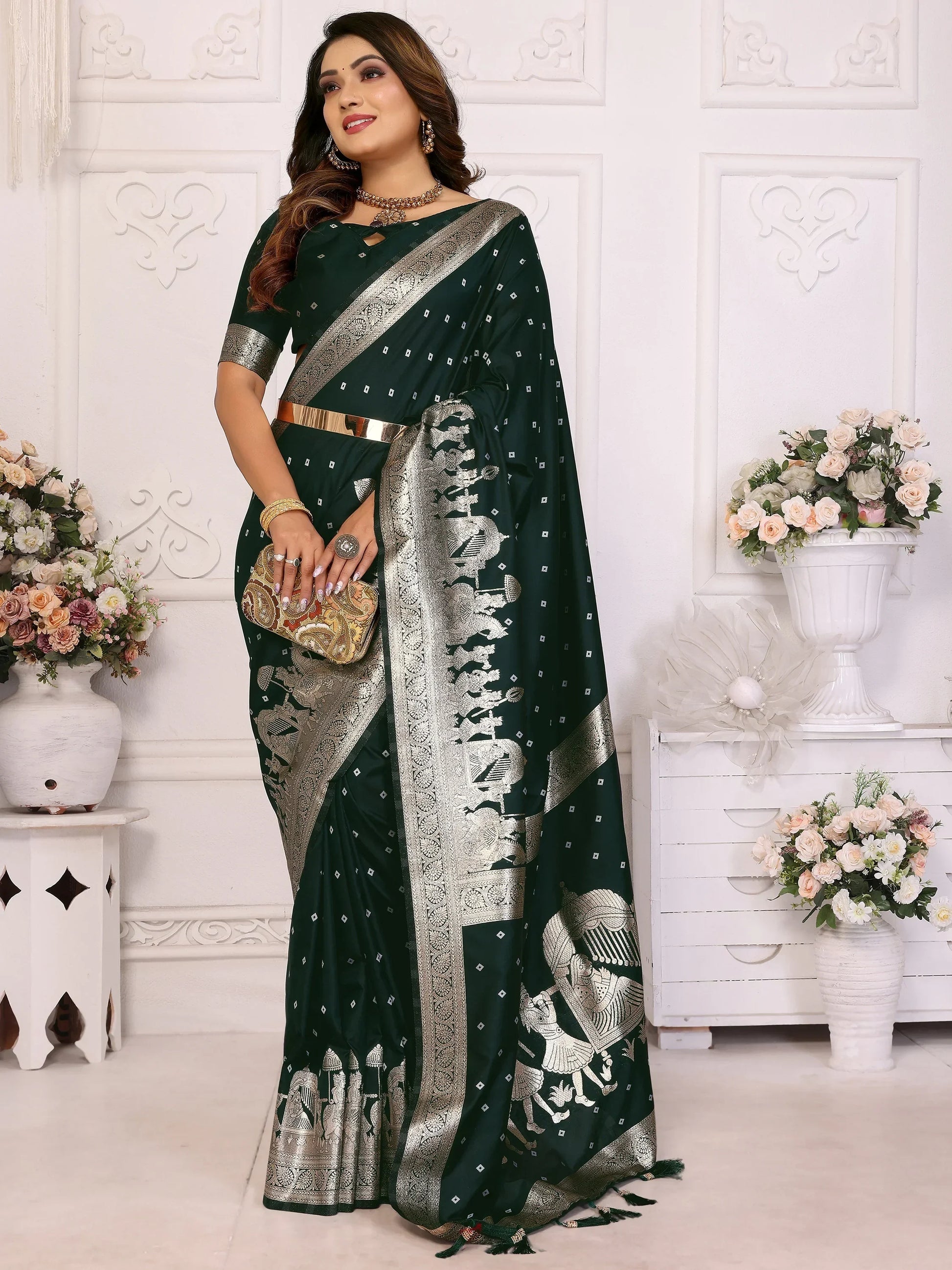 Captivating Bottle Green Zari Weaving Kochi Silk Mehendi Wear Saree With Blouse - Zeel Clothing
