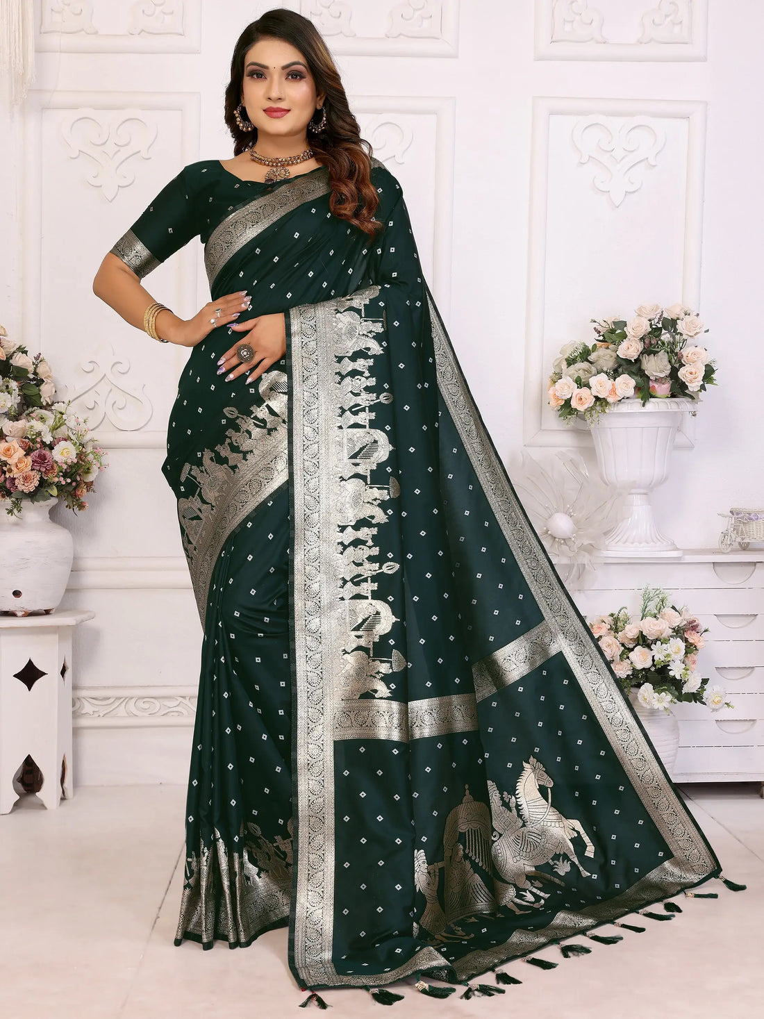 Captivating Bottle Green Zari Weaving Kochi Silk Mehendi Wear Saree With Blouse - Zeel Clothing