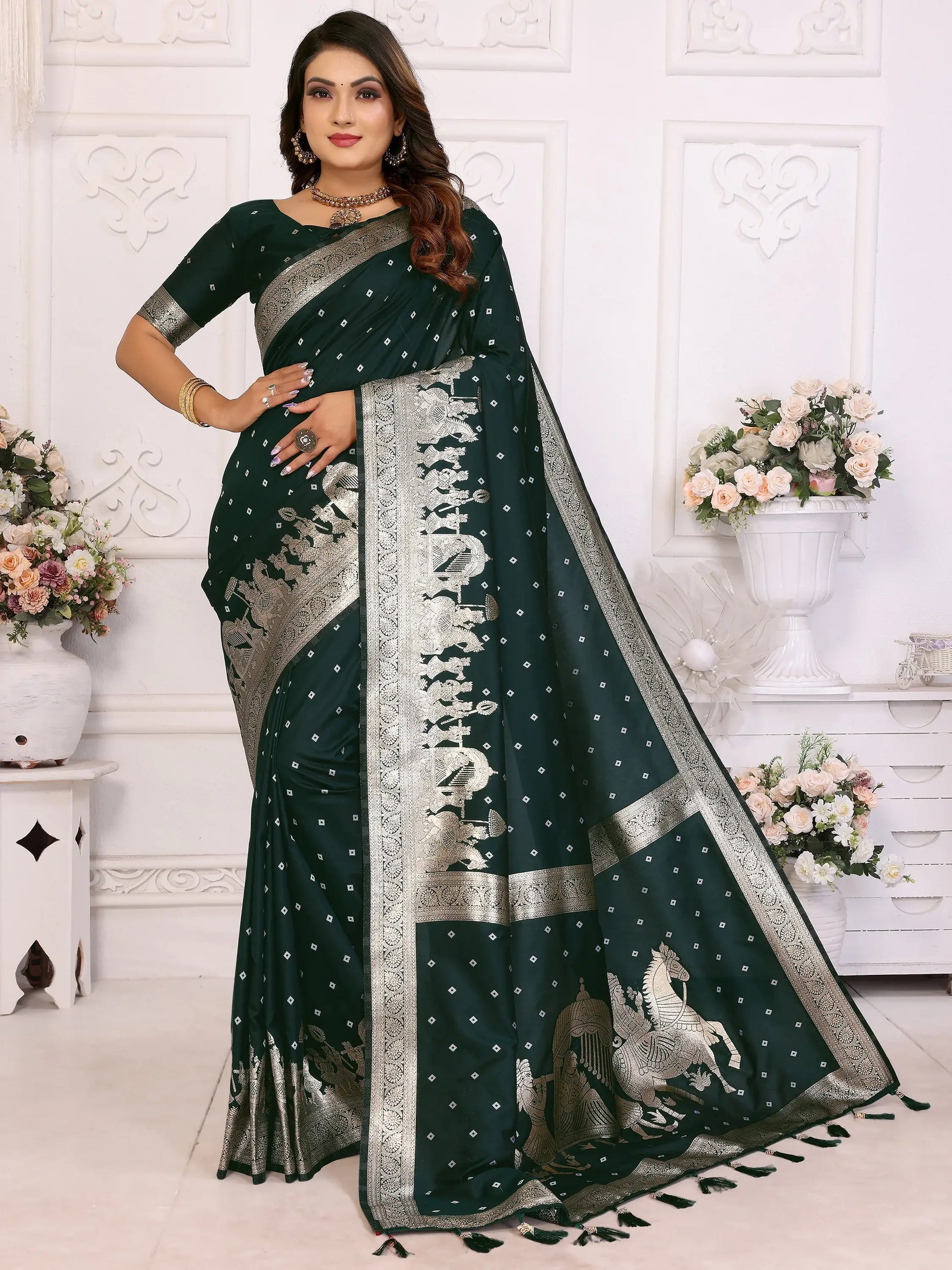 Captivating Bottle Green Zari Weaving Kochi Silk Mehendi Wear Saree With Blouse - Zeel Clothing