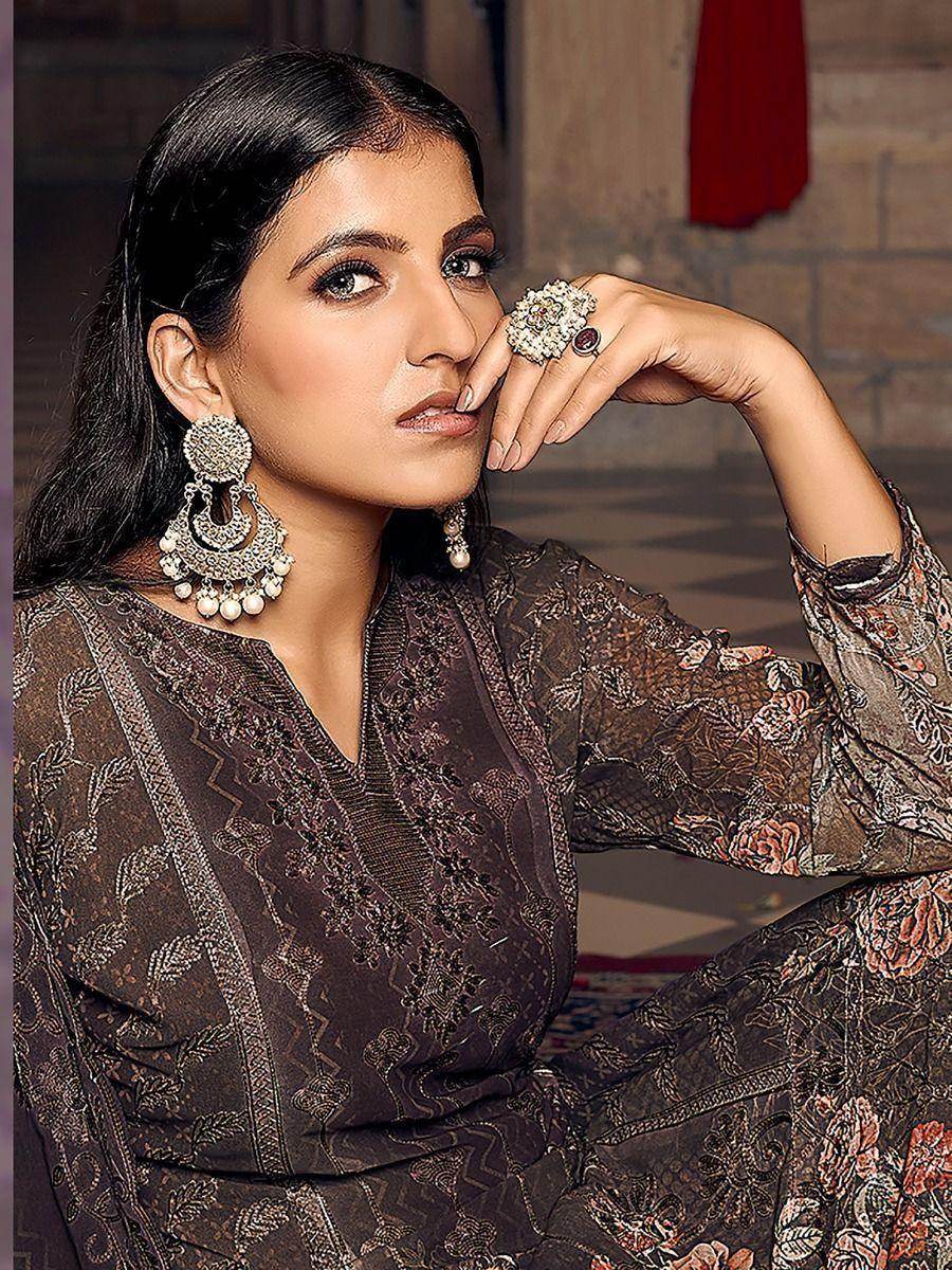 Captivating Brown Digital Printed Work Georgette Salwar Kameez - Zeel Clothing