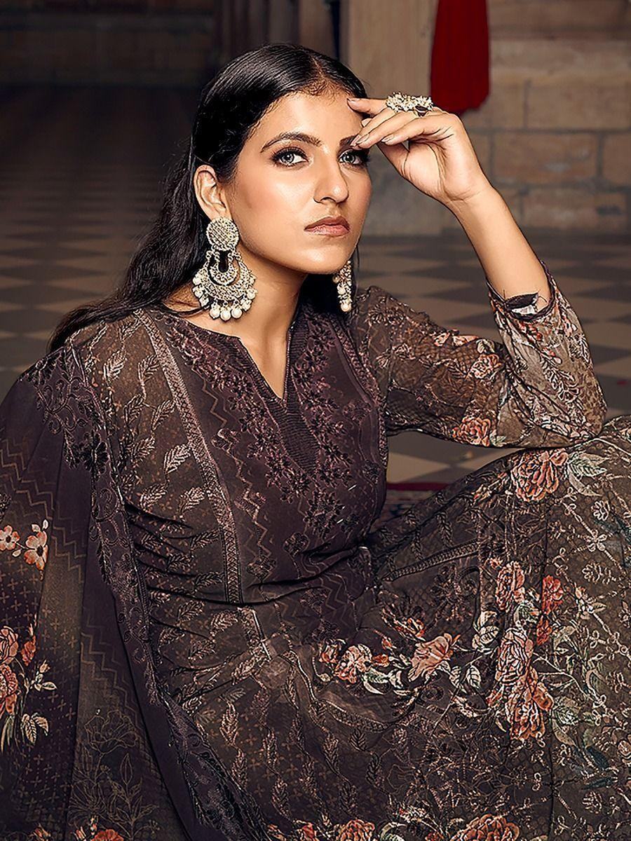 Captivating Brown Digital Printed Work Georgette Salwar Kameez