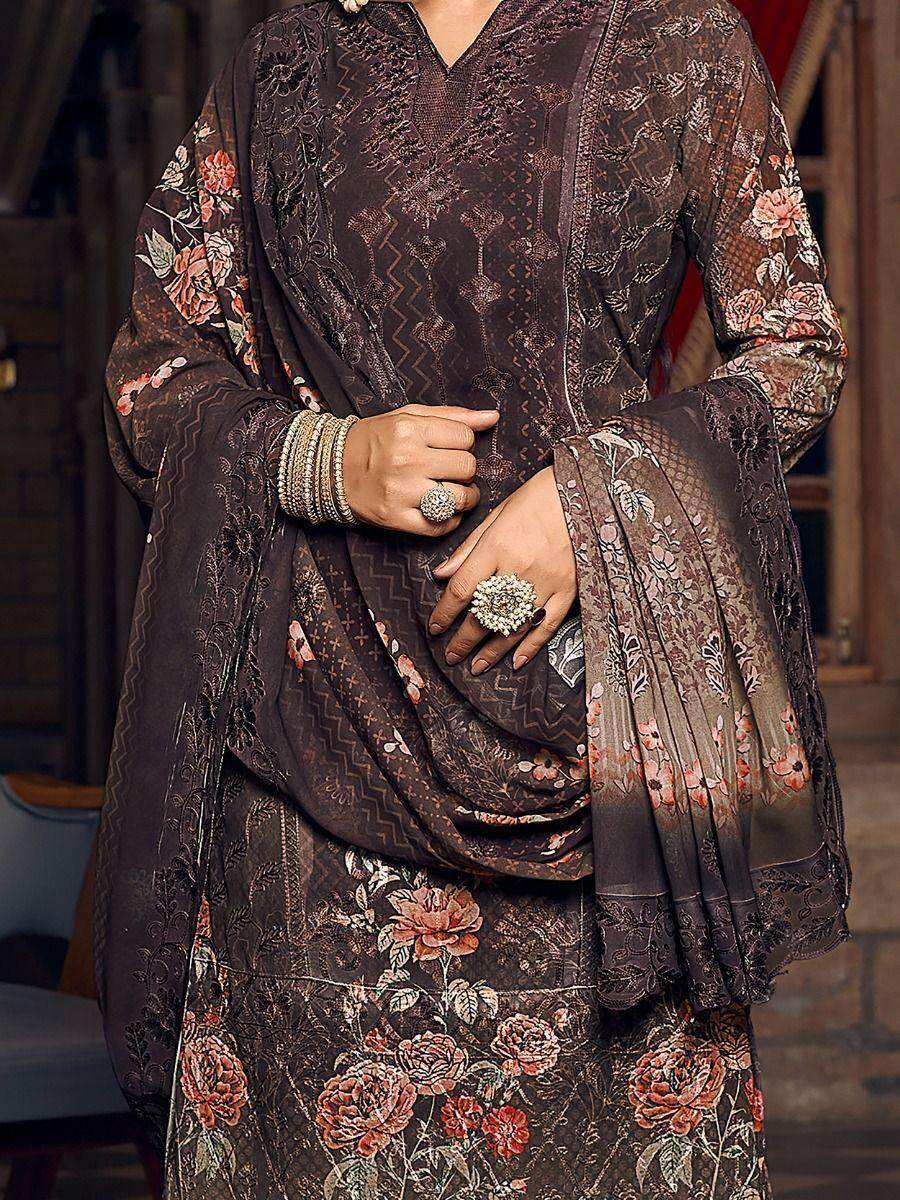 Captivating Brown Digital Printed Work Georgette Salwar Kameez - Zeel Clothing