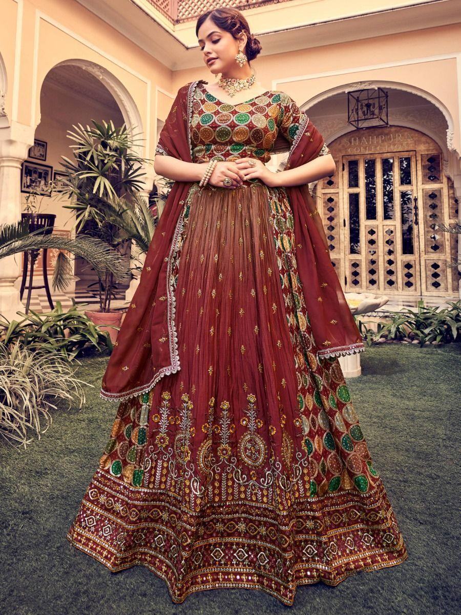 Captivating Brown Embroidered Silk Traditional Lehenga Choli